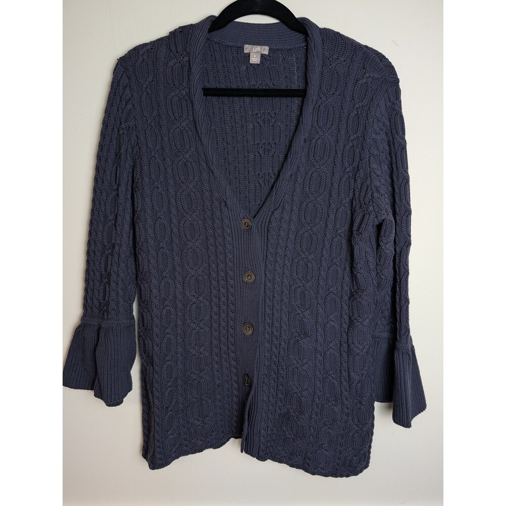 J. Jill Women's Navy Blue Cable Knit Cardigan 3/4  Bell Sleeve 100% Cotton Med